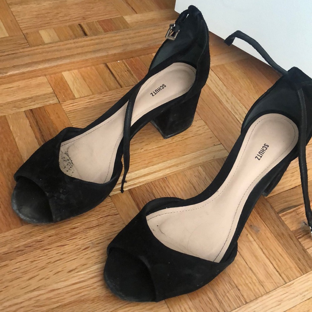 Schutz black suede block heel